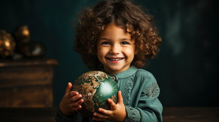 Naklejka premium Happy child holding Globe Planet Earth. World Children's Day concept banner