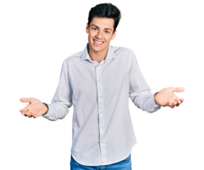 Young hispanic business man wearing business clothes clueless and confused expression with arms and hands raised. doubt concept.