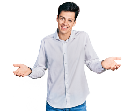 Young hispanic business man wearing business clothes clueless and confused expression with arms and hands raised. doubt concept.