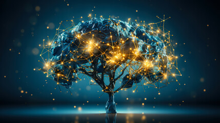World earth map connections in shape of a human brain on blue background, World philosophy day concept banner - obrazy, fototapety, plakaty