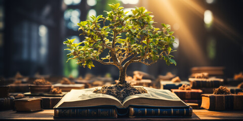 World Philosophy Day Concept: A Tree of Knowledge Planted on an Opened Book in Library - obrazy, fototapety, plakaty
