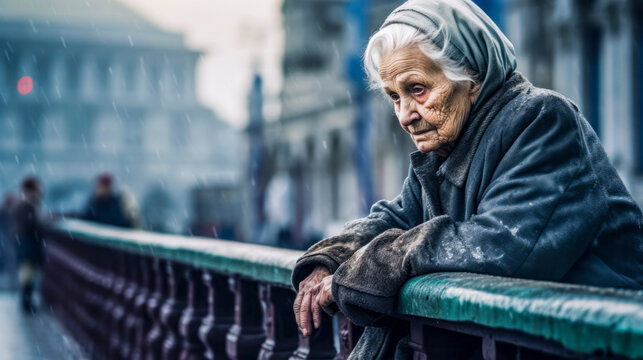 Einsame verbitterte alte Frau in einer düsteren Stadt. Generative KI