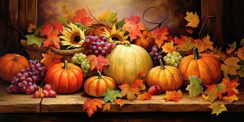 Naklejka na ściany i meble Autumn Thanksgiving Background, Radiating Warmth and Abundance. Embrace the Spirit of Thanksgiving as Nature's Palette Transforms into a Tapestry of Vibrant Fall Co Generative AI Digital Illustration