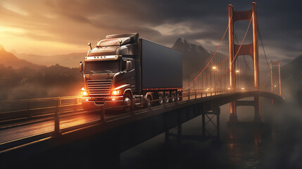 Obraz premium The Long Truck drives over the bridge in the evening. AI generation