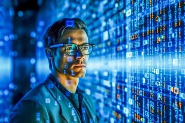 Mann schaut durch eine moderne AR-Brille, intelligente Brille, tragbare virtuelle Realität, fiktive Person. Generative KI