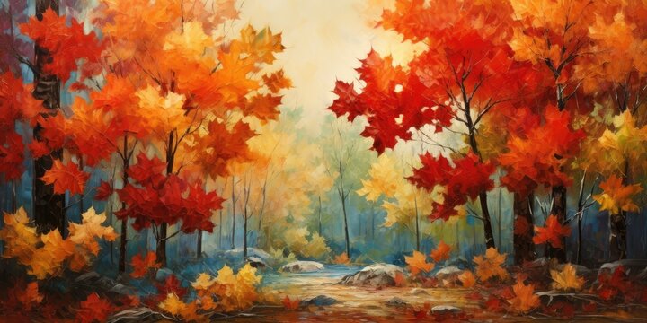 Symphony of Autumn Leaves, Painted in Nature's Vivid Palette. Witness the Beauty and Grace of Falling Leaves as they Dance with the Gentle Breeze, Illuminating the   Generative AI Digital Illustration