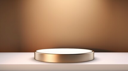 3d rendering of a golden round podium on a white table in a studio