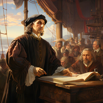 Portrait of Christopher Columbus on a ship, navigator and explorer, illustration for USA national holiday Columbus day, generated ai