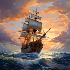 Sailing ship in the ocean, ai generated - obrazy, fototapety, plakaty