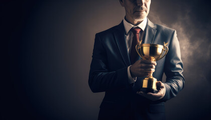 Celebratory moment, a successful individual businessman holds a prestigious trophy, representing their remarkable achievement and business success. Generative AI - obrazy, fototapety, plakaty