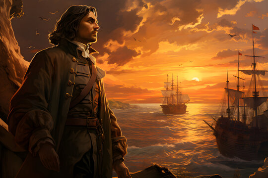 Portrait of Christopher Columbus stepping into the New World, navigator and explorer, illustration for USA national holiday Columbus day, discovery of America, generated ai