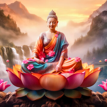 Frau als Buddha Statue meditiert in einer  Lotusblüte, Meditation. Generative KI