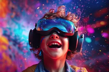 Fototapeten Excited child or kid wearing VR headset with a big smile on face, enjoying a virtual reality experience that sparks wonder and joy. Generative AI © AI Farm