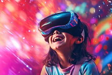 Excited child or kid wearing VR headset with a big smile on face, enjoying a virtual reality experience that sparks wonder and joy. Generative AI