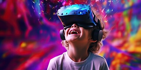 Excited child or kid wearing VR headset with a big smile on face, enjoying a virtual reality experience that sparks wonder and joy. Generative AI