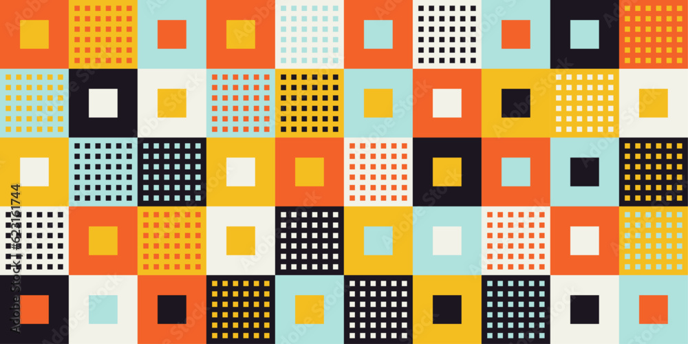 Poster Multicolored abstract squares. Vector colorful patchwork. Seamless abstract pattern of colored pieces of matter.