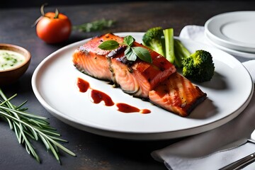 Baked salmon with a side of roasted vegetables, Generative AI