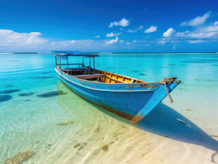 Fototapeta na wymiar traditional boat on tropical beach with turquoise water. summer, vacation and exotic travel