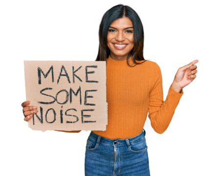Young latin transsexual transgender woman holding make some noise banner smiling happy pointing with hand and finger to the side