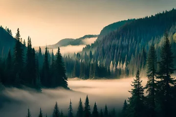 Washable wall murals Forest in fog sunrise in the mountains generated ai