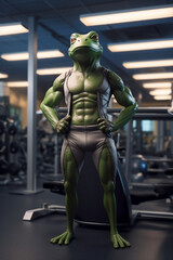 Fototapeta na wymiar fit frog standing at the gym, Fit Frog Flexes Muscles at the Gym, generative AI