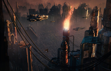 Futuristic city, Science fiction scene. 3D illustration