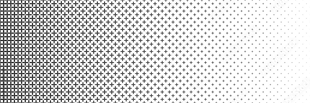 Poster horizontal black halftone of sharp cross or plus design for pattern and background.