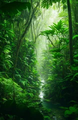 Abwaschbare Fototapete Grün Southeast Asian rainforest with deep jungle. tropical green forest in the morning. wallpaper. Illustration. Generative AI. 