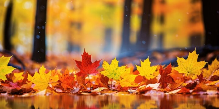 scene where autumn maple leaves adorn a beautiful nature bokeh background  Generative AI Digital Illustration