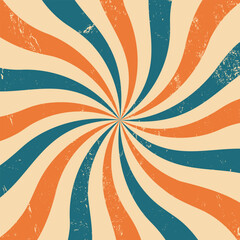 Colorful vintage wallpaper with sunbeams. Blue and orange spiral. Vintage retro background. Rays with grunge texture.