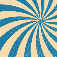 Colorful vintage wallpaper with sunbeams. Blue spiral. Vintage retro background. Rays with grunge texture.