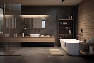 Fototapeta na wymiar Modern bathroom interior with dark walls, white bathtub. AI generated content