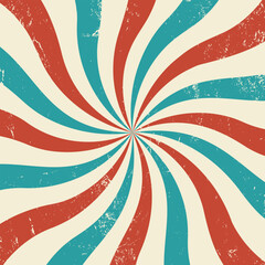 Vintage retro background. Rays with grunge texture. Colorful vintage wallpaper with sunbeams. Spiral red and blue.