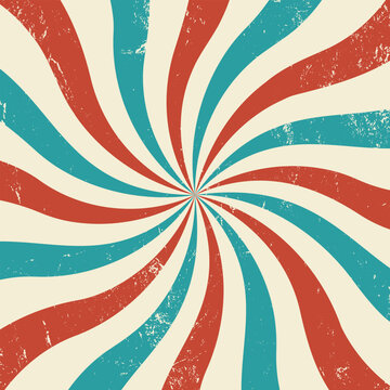 Vintage retro background. Rays with grunge texture. Colorful vintage wallpaper with sunbeams. Spiral red and blue. © Alexandra Lipina