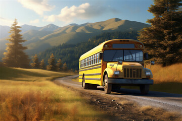 Yellow schoolbus outside. AI generated content