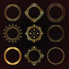 Set of vector frames, various patterns, gold color