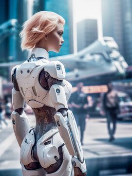Weiblicher Roboter läuft auf der Straße in einer futuristischen Stadt, Generative AI