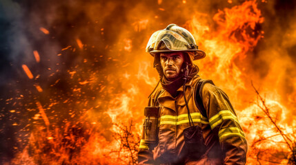 Feuerwehrmann in voller Ausrüstung im Einsatz bei einem Waldbrand. Generative AI - obrazy, fototapety, plakaty