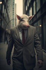 Pig in Business Suit, A Humorous Take on Corporate Life, Happy Piglet Dressed as a Businessman, generative ai