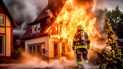 Feuerwehrleute in ihren typischen Uniformen löschen ein brennendes Haus. Generative AI - obrazy, fototapety, plakaty