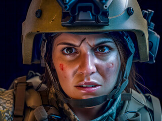 Porträt einer Soldatin in Uniform mit Helm und entschlossenem Blick.  Generative AI