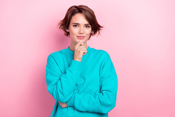 Portrait of nice creative minded girl arm touch chin think contemplate ponder empty space isolated...