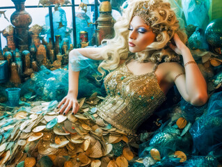 Blonde schöne Meerjungfrau mit goldenem Kostüm in ihrem Reich im Meer. Generative AI
