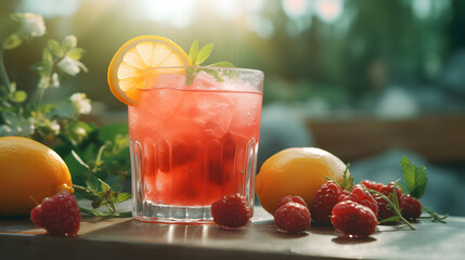 Summer lemonade with raspberries, lemons and mint in a glass