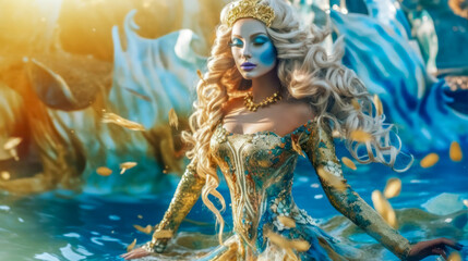 Obraz na płótnie Canvas Blonde schöne Meerjungfrau mit goldenem Kostüm in ihrem Reich im Meer. Generative AI