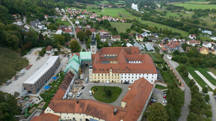 Aerial view Plankstetten with Benedictine Abbey, Plankstetten, Berching, Bavaria, Germany,