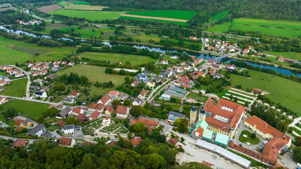 Aerial view Plankstetten with Benedictine Abbey, Plankstetten, Berching, Bavaria, Germany,