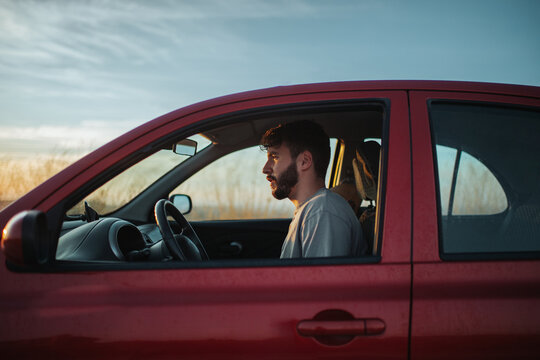Bearded young man sitting in car in nature
