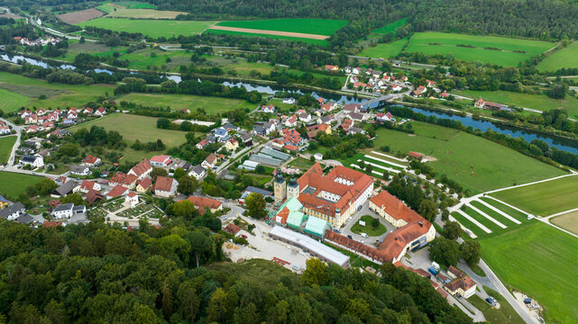 Aerial view Plankstetten with Benedictine Abbey, Plankstetten, Berching, Bavaria, Germany,