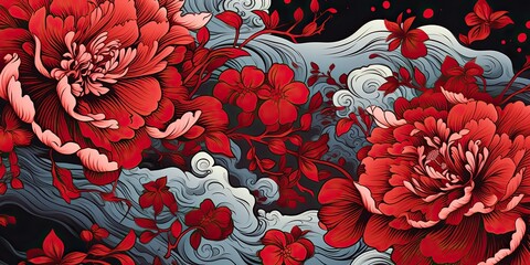 AI Generated. AI Generative. Red asian chinese japanese traditional vintage retro classic flowers. Background graphic pattern background decoration. Graphic Art